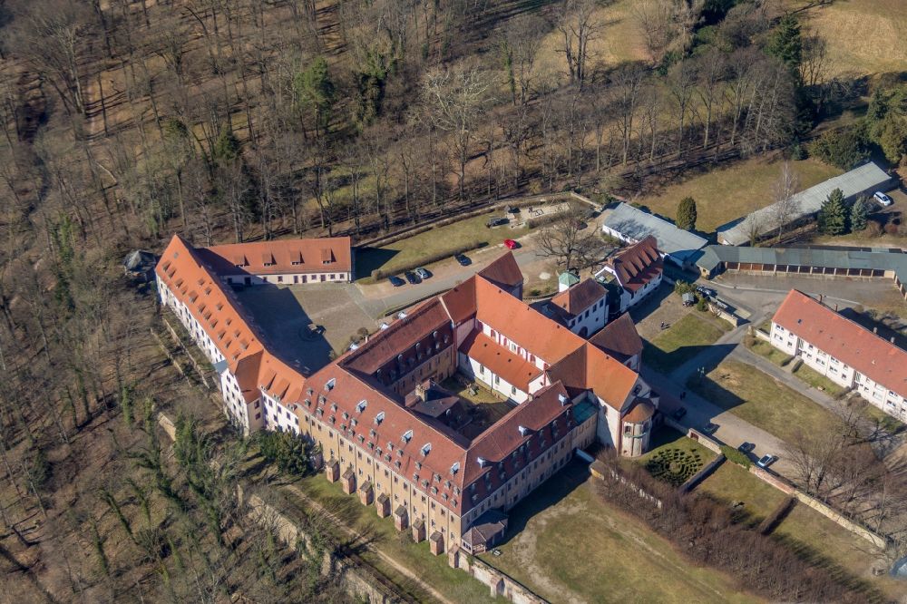 Aerial image Wechselburg - Complex of buildings of the monastery of Wechselburg in the state of Saxony. The benedictine compound includes a late-romanic Basilika. The church is parochial church and a place of pilgrimage