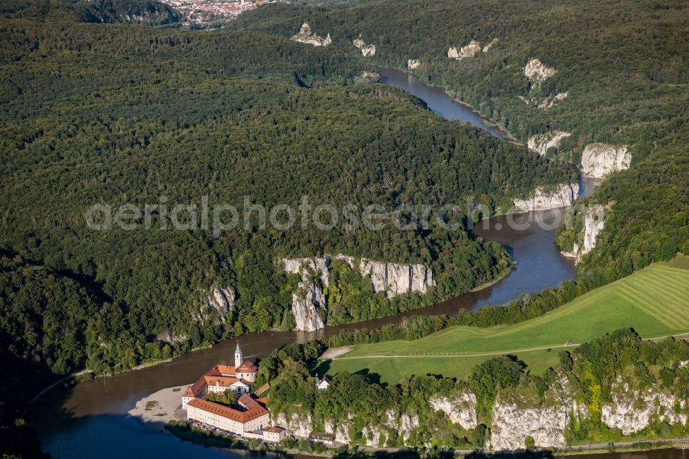 Weltenburg from above - Complex of buildings of the monastery on Asamstrasse on Ufer of Donau in Weltenburg in the state Bavaria, Germany