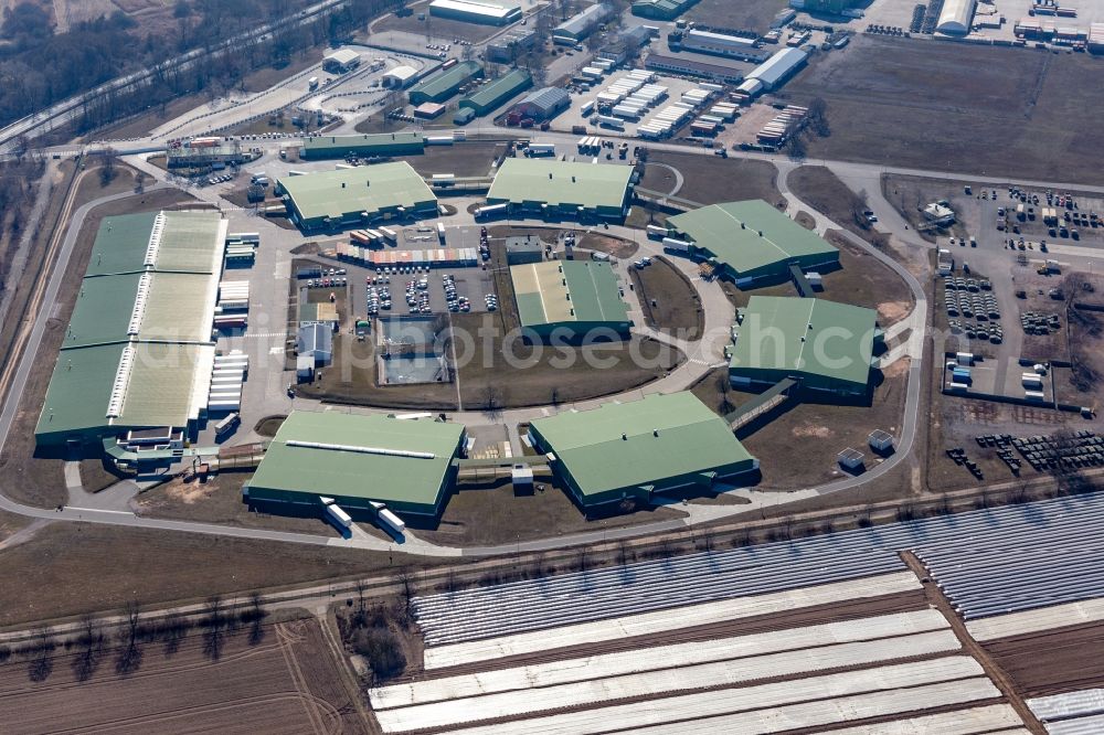 Germersheim from the bird's eye view: Building complex and logistics center on the military training grounds of the US-Army in Germersheim in the state Rhineland-Palatinate, Germany