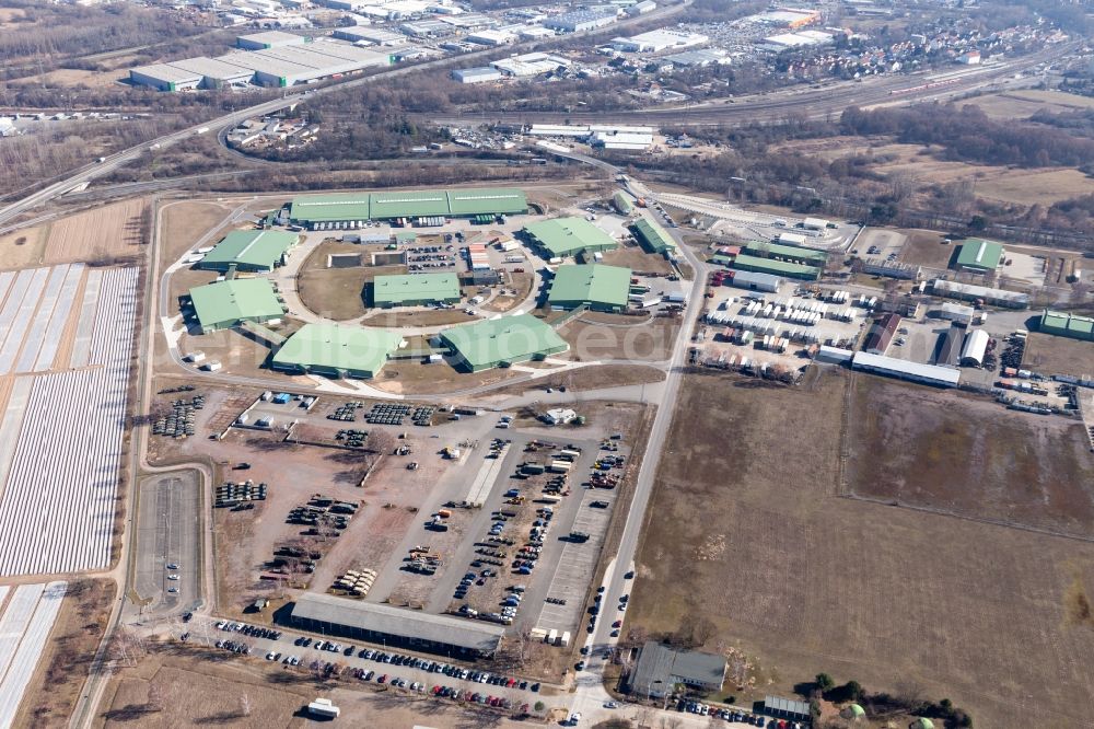Aerial image Germersheim - Building complex and logistics center on the military training grounds of the US-Army in Germersheim in the state Rhineland-Palatinate, Germany