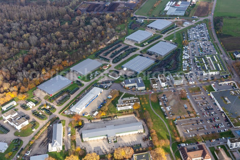 Karlsruhe from above - Building complex and logistics center and lorry depot on the military training grounds Bundeswehrdepot Sued on street Gruenhutstrasse in Karlsruhe in the state Baden-Wuerttemberg, Germany