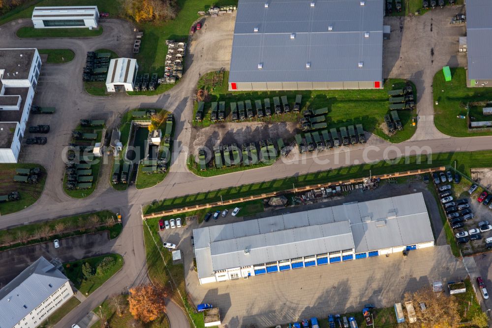 Karlsruhe from the bird's eye view: Building complex and logistics center and lorry depot on the military training grounds Bundeswehrdepot Sued on street Gruenhutstrasse in Karlsruhe in the state Baden-Wuerttemberg, Germany
