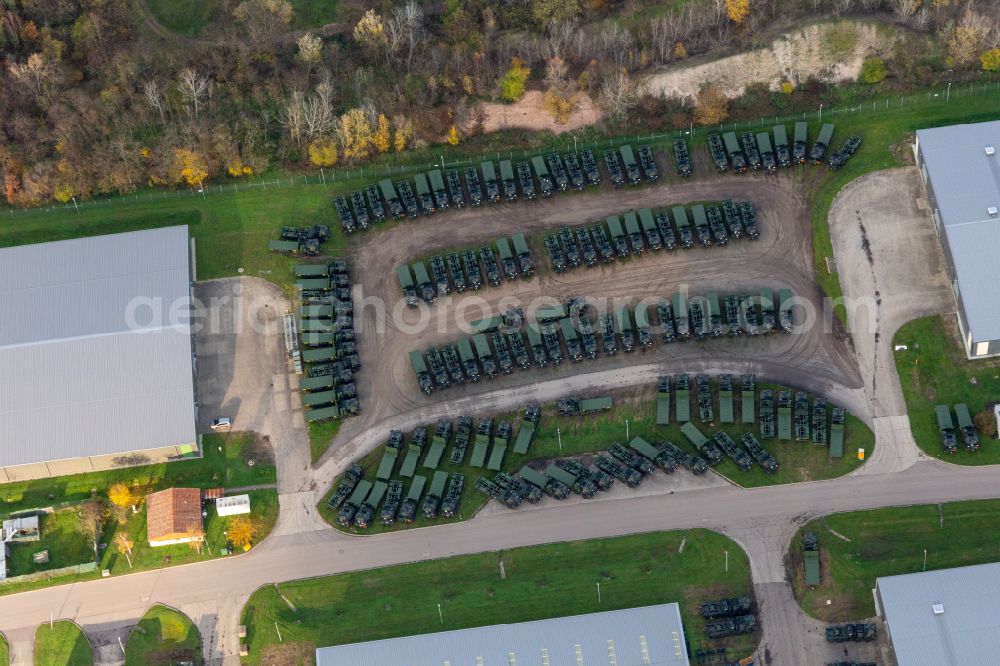 Aerial image Karlsruhe - Building complex and logistics center and lorry depot on the military training grounds Bundeswehrdepot Sued on street Gruenhutstrasse in Karlsruhe in the state Baden-Wuerttemberg, Germany
