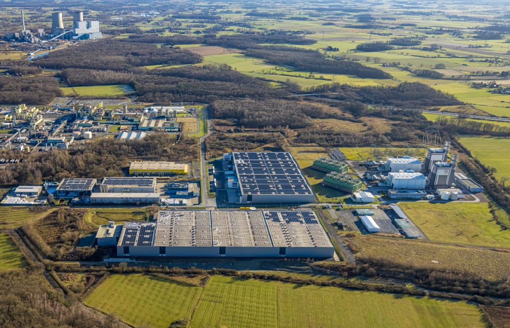 Hamm from above - Building complex and distribution center on the site Arvato Supply Chain Solutions on street Trianelstrasse in the district Norddinker in Hamm at Ruhrgebiet in the state North Rhine-Westphalia, Germany