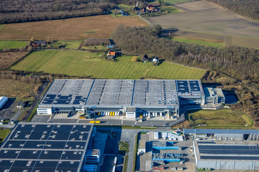 Aerial image Hamm - Building complex and distribution center on the site Arvato Supply Chain Solutions on street Trianelstrasse in the district Norddinker in Hamm at Ruhrgebiet in the state North Rhine-Westphalia, Germany