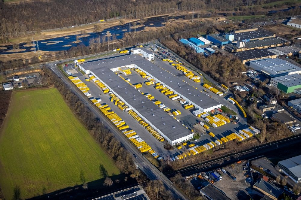 Hagen from above - Building complex and distribution center on the site DHL International GmbH - DHL Group in Hagen in the state North Rhine-Westphalia, Germany