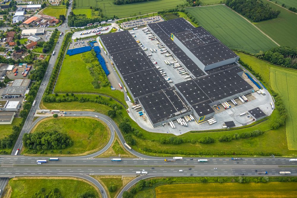 Hamm from above - Building complex and logistics center on the Edeka central warehouse site at the junction of the BAB 2 in Hamm in the state of North Rhine-Westphalia
