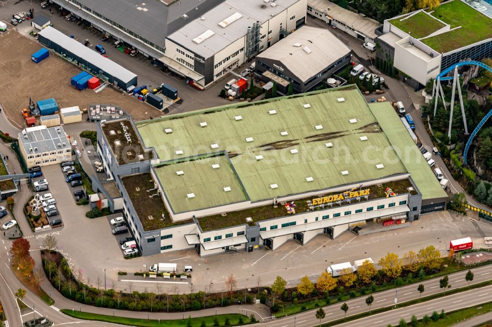 Aerial image Rust - Building complex and distribution center on the site of Europa-Park in Rust in the state Baden-Wurttemberg, Germany