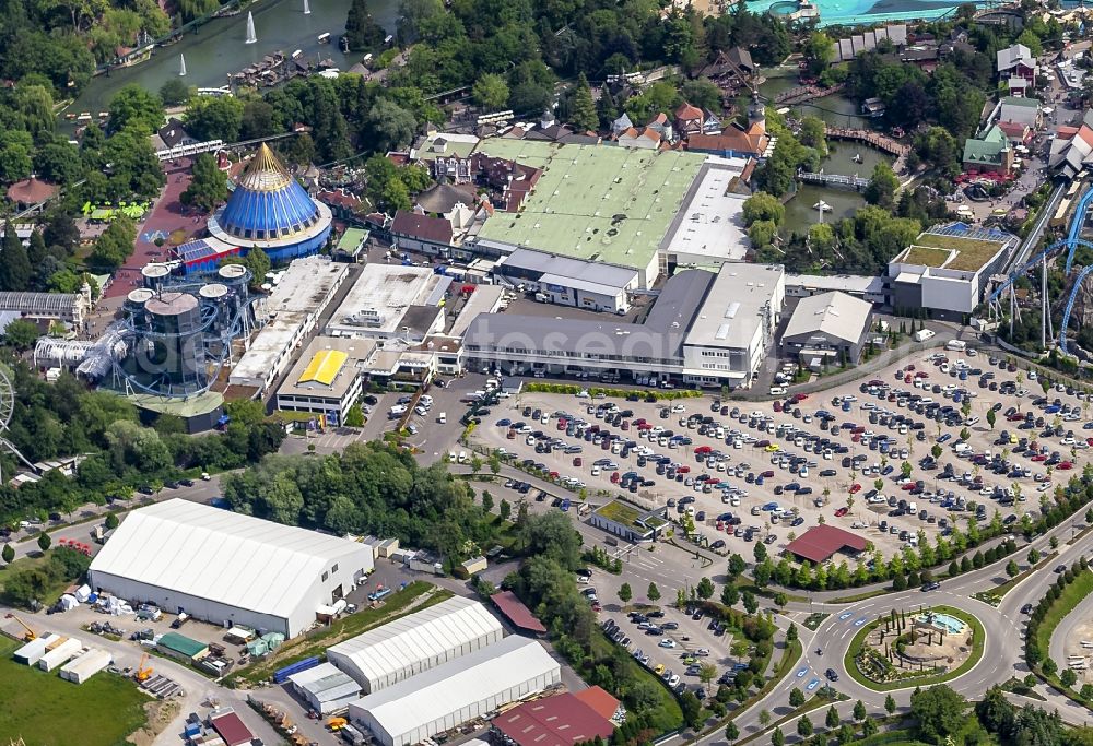 Rust from the bird's eye view: Building complex and distribution center on the site of Europa-Park in Rust in the state Baden-Wurttemberg, Germany
