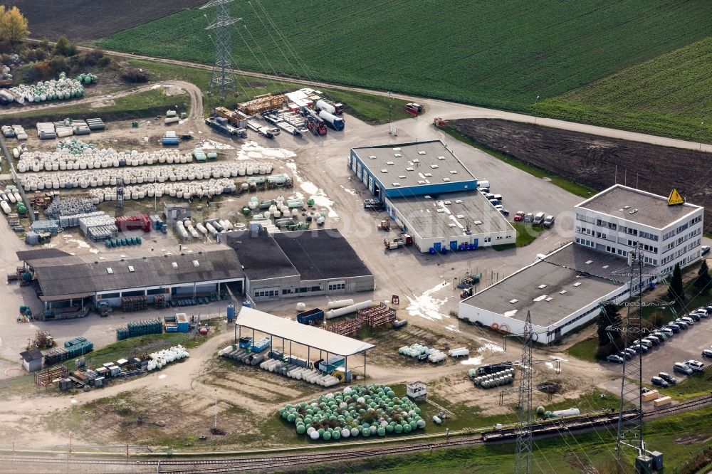 Tresdorf from the bird's eye view: Building complex and distribution center on the site Gruschina Transporte on Flaga-Strasse corner Laaer Strasse in Tresdorf in Lower Austria, Austria