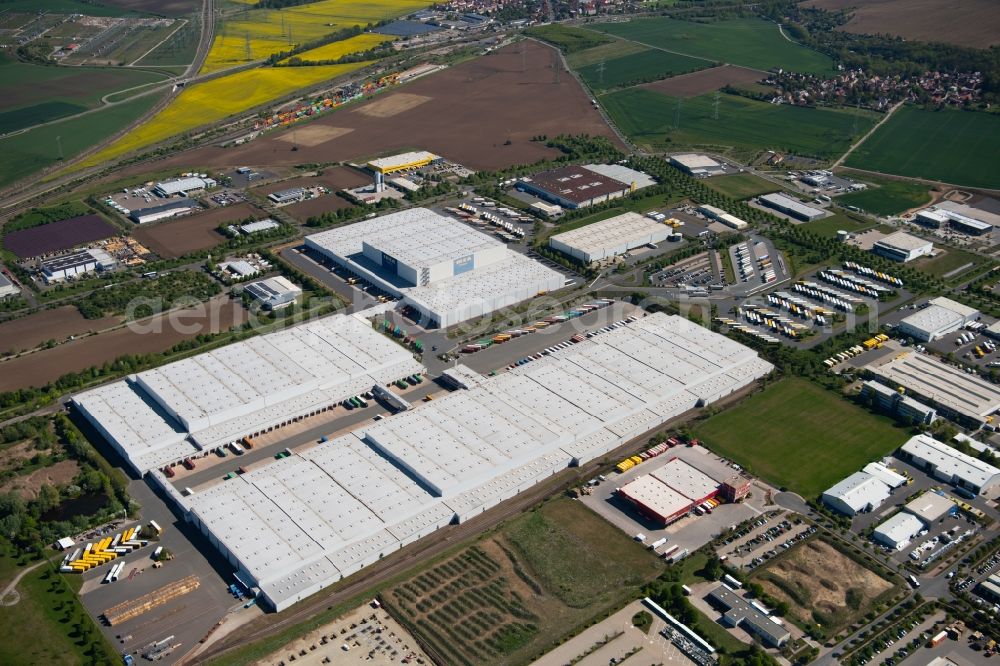 Aerial image Erfurt - Building complex and distribution center on the site of IKEA Zentrallagers In of Langen Else in the district Buessleben in Erfurt in the state Thuringia, Germany