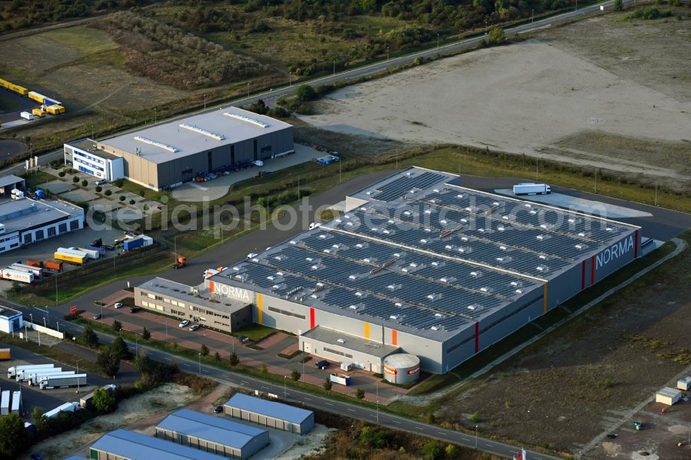 Magdeburg from the bird's eye view: Building complex and distribution center on the site of Norma Logistikzentrum Mittelelbe GmbH & Co. KG on Woermlitzer Strasse in the district Gewerbegebiet Nord in Magdeburg in the state Saxony-Anhalt, Germany