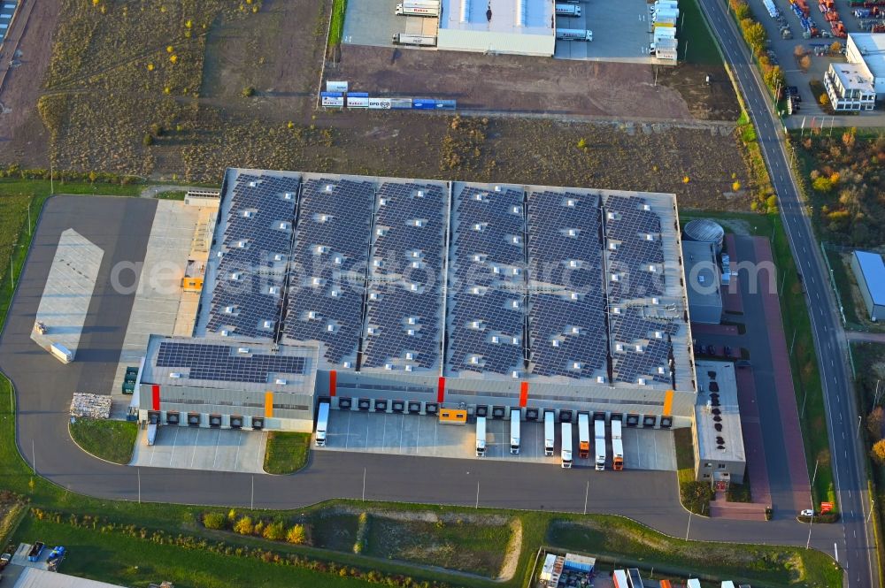Magdeburg from above - Building complex and distribution center on the site of Norma Logistikzentrum Mittelelbe GmbH & Co. KG on Woermlitzer Strasse in the district Gewerbegebiet Nord in Magdeburg in the state Saxony-Anhalt, Germany
