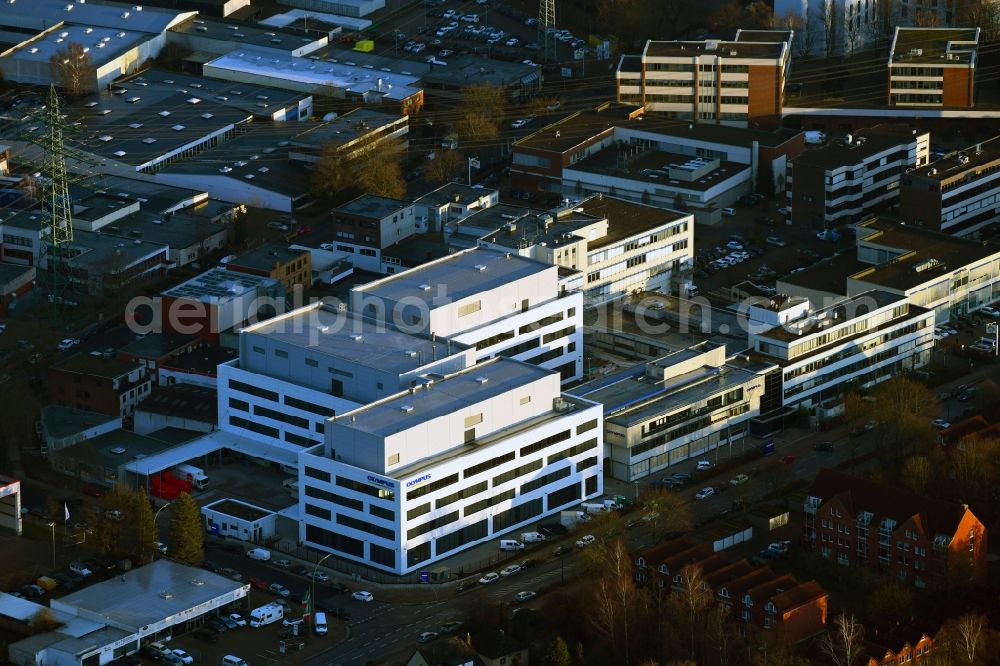 Hamburg from above - Building complex and distribution center on the site Olympus Surgical Technologies Europe in the district Tonndorf in Hamburg, Germany