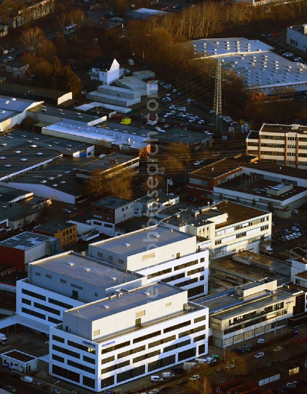 Hamburg from the bird's eye view: Building complex and distribution center on the site Olympus Surgical Technologies Europe in the district Tonndorf in Hamburg, Germany
