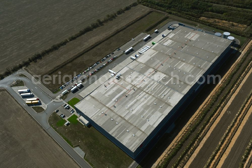 Aerial photograph Sandersdorf-Brehna - Building complex and distribution center on the site of Rossmann Logistik on Muenchener Strasse in the district Brehna in Sandersdorf-Brehna in the state Saxony-Anhalt, Germany
