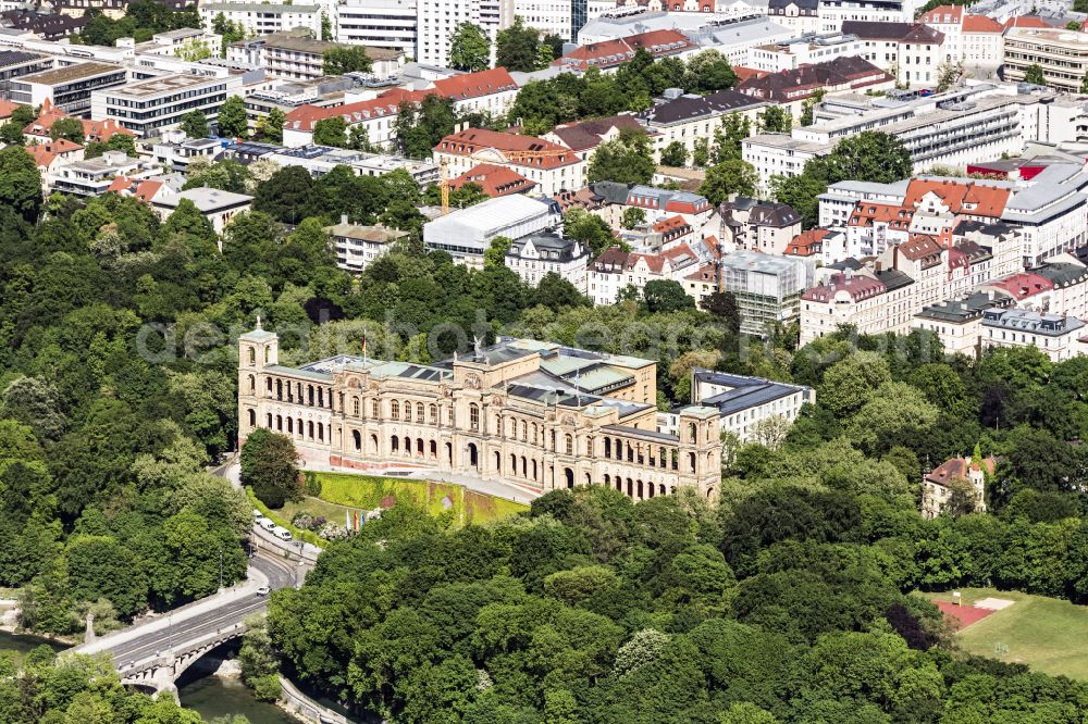 München from above - Building complex of the Ministry Maximilianeum - Bayerischer Landtag on Max-Planck-Strasse in Munich in the state Bavaria, Germany