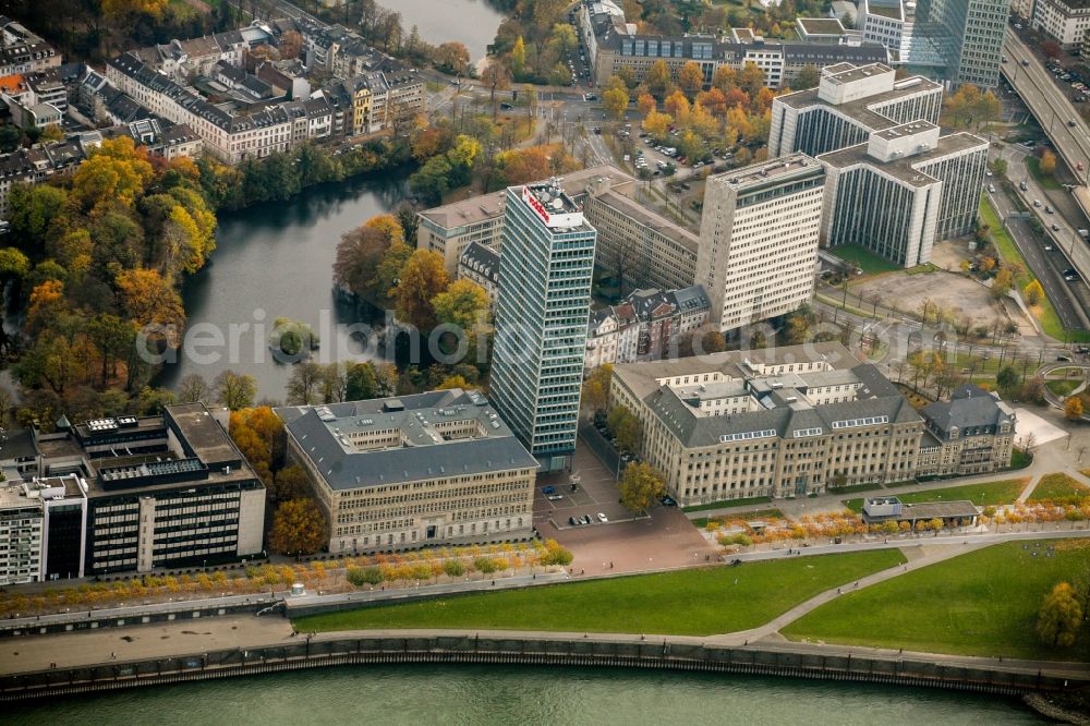 Aerial image Düsseldorf - Building complex of the Ministry Staatskanzlei of Lanof Nordrhein-Westfalen on Horionplatz in Duesseldorf in the state North Rhine-Westphalia, Germany