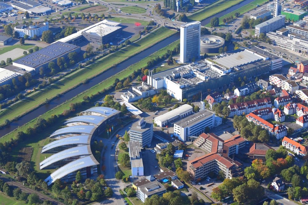 Aerial photograph Offenburg - Publishing house complex of the press and media house on Hubert-Burda-Platz in Offenburg in the state Baden-Wuerttemberg, Germany