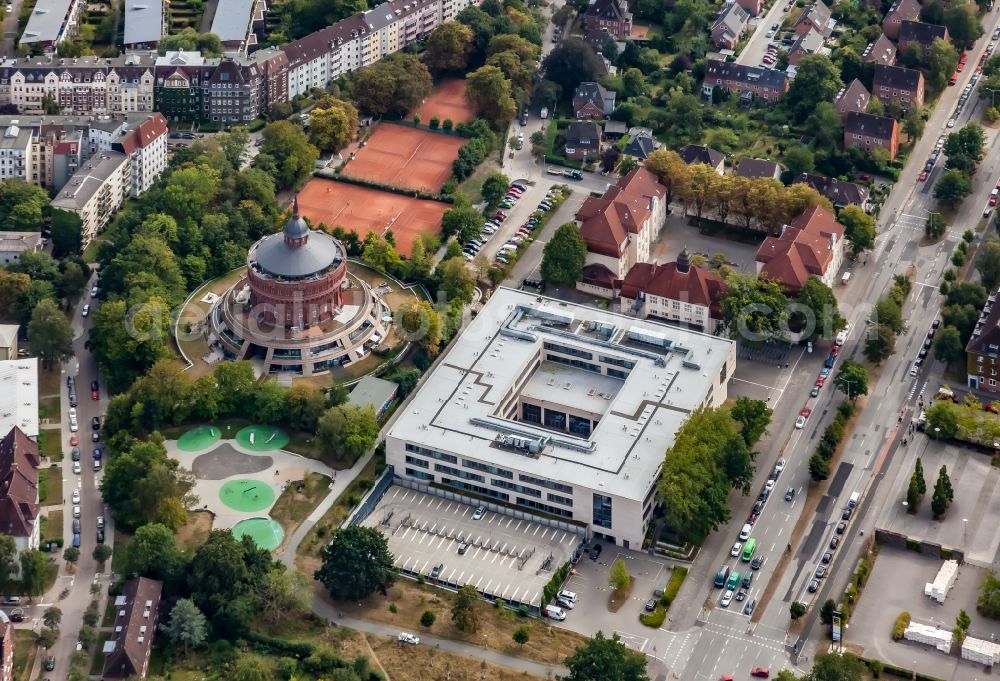 Aerial image Kiel - Building complex Regional Business Training Center of the State Capital Kiel at the former water tower Ravensberg in Kiel in the state Schleswig-Holstein, Germany