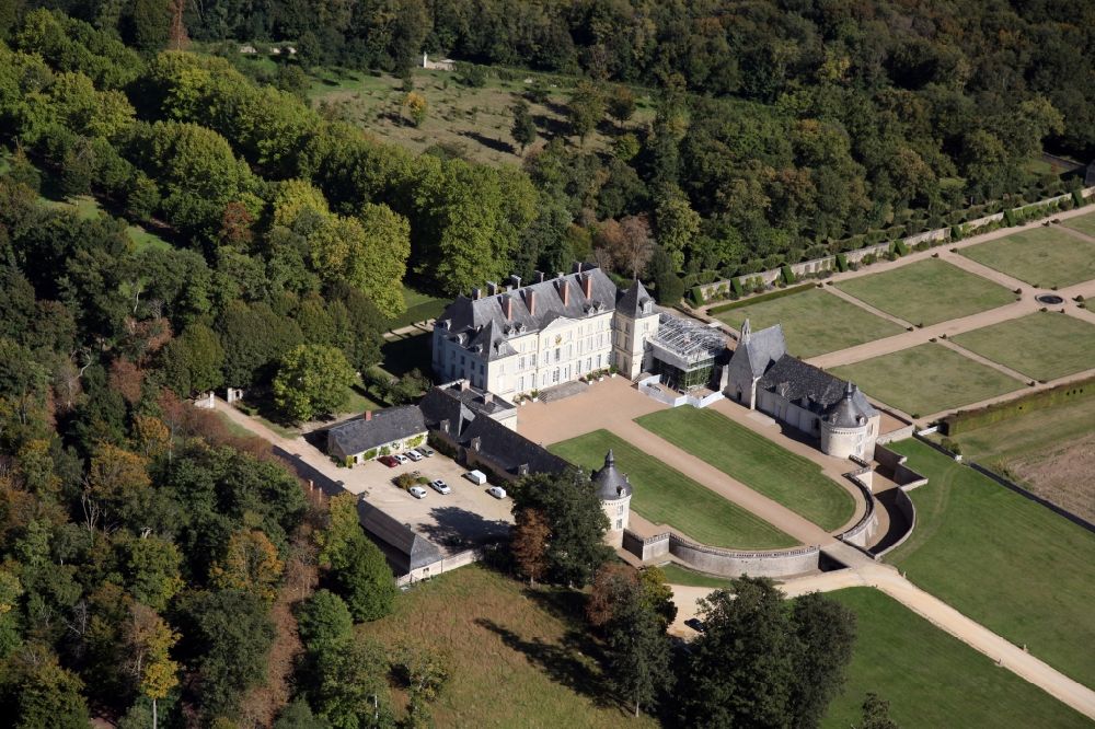 Aerial image Maze - Building complex in the park of the castle Chateau de Montgeoffroy in Maze in Pays de la Loire, France. The building and the original interiors have survived the French Revolution and the subsequent turmoil without damage