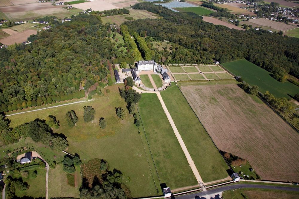 Maze from above - Building complex in the park of the castle Chateau de Montgeoffroy in Maze in Pays de la Loire, France. The building and the original interiors have survived the French Revolution and the subsequent turmoil without damage