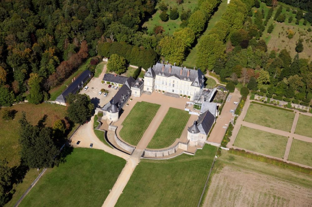 Maze from the bird's eye view: Building complex in the park of the castle Chateau de Montgeoffroy in Maze in Pays de la Loire, France. The building and the original interiors have survived the French Revolution and the subsequent turmoil without damage