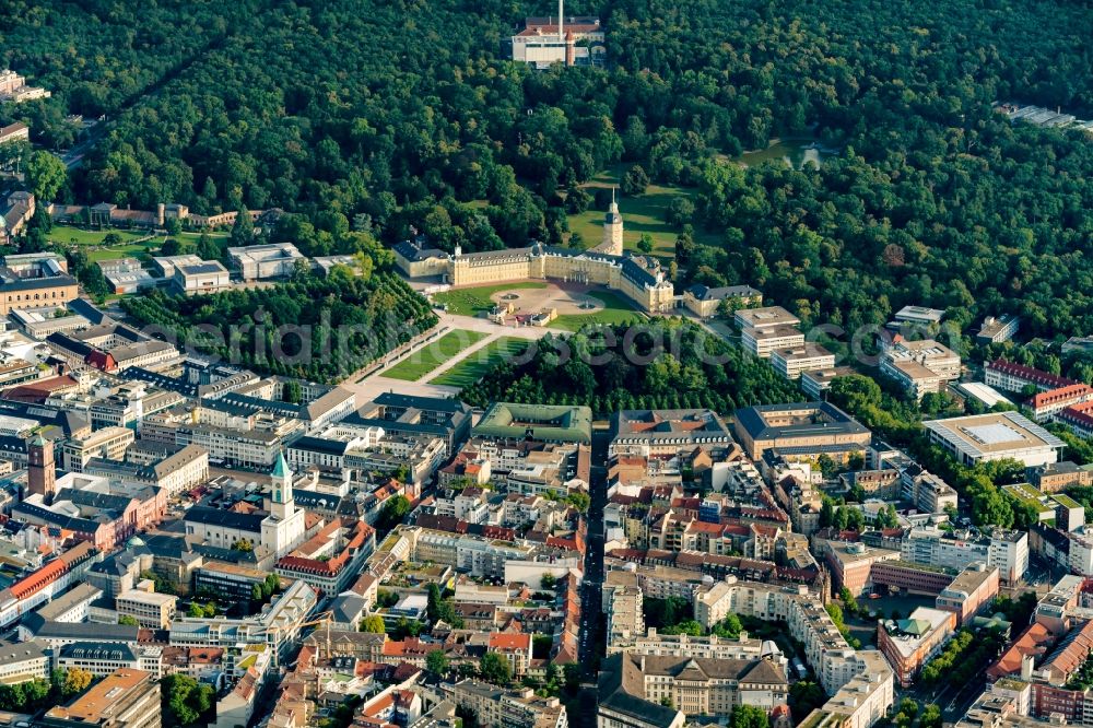 Karlsruhe from the bird's eye view: Building complex in the park of the castle of Faecherstadt Karlsruhe in Karlsruhe in the state Baden-Wurttemberg, Germany