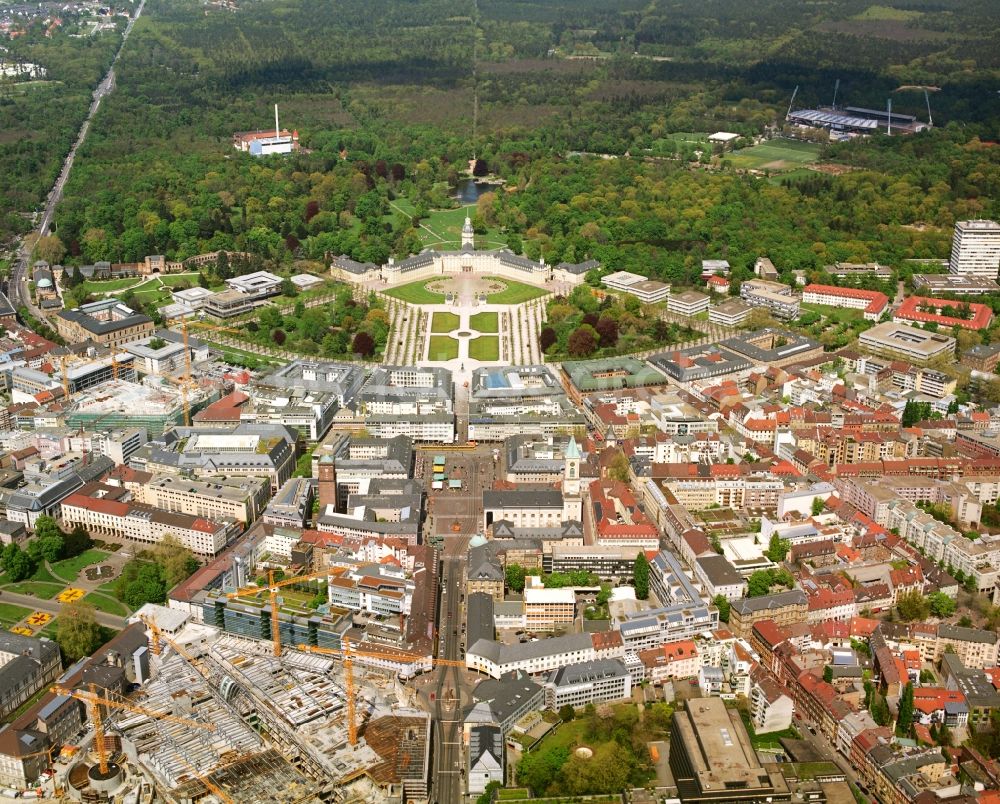 Karlsruhe from above - Building complex in the park of the castle of Faecherstadt Karlsruhe in Karlsruhe in the state Baden-Wurttemberg, Germany