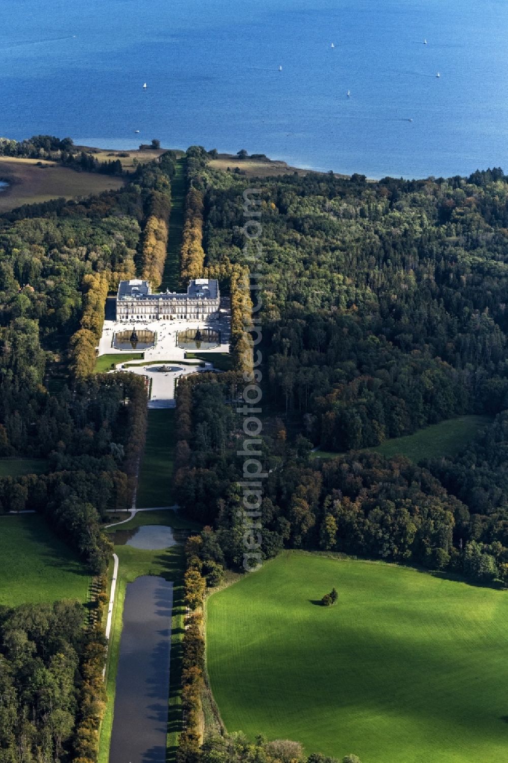 Aerial photograph Chiemsee - Building complex in the park of the castle Herrenchiemsee in Chiemsee in the state Bavaria