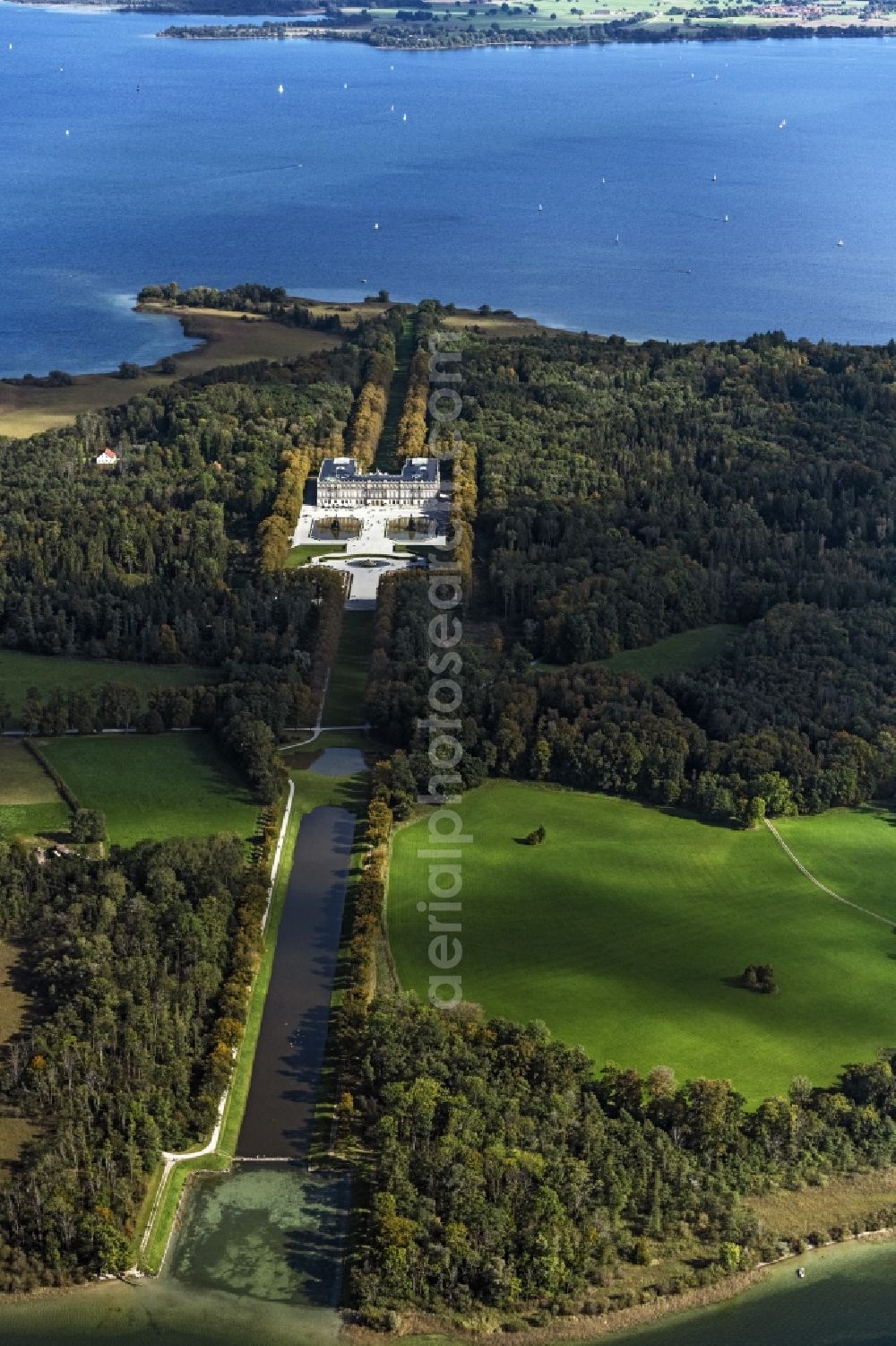 Chiemsee from above - Building complex in the park of the castle Herrenchiemsee in Chiemsee in the state Bavaria