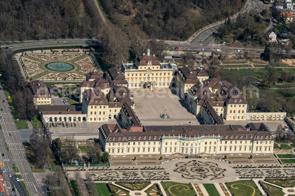 Aerial image Ludwigsburg - Building complex in the park of the castle Residenzschloss Ludwigsburg and Gartenschau Bluehendes Barock in Ludwigsburg in the state Baden-Wurttemberg, Germany