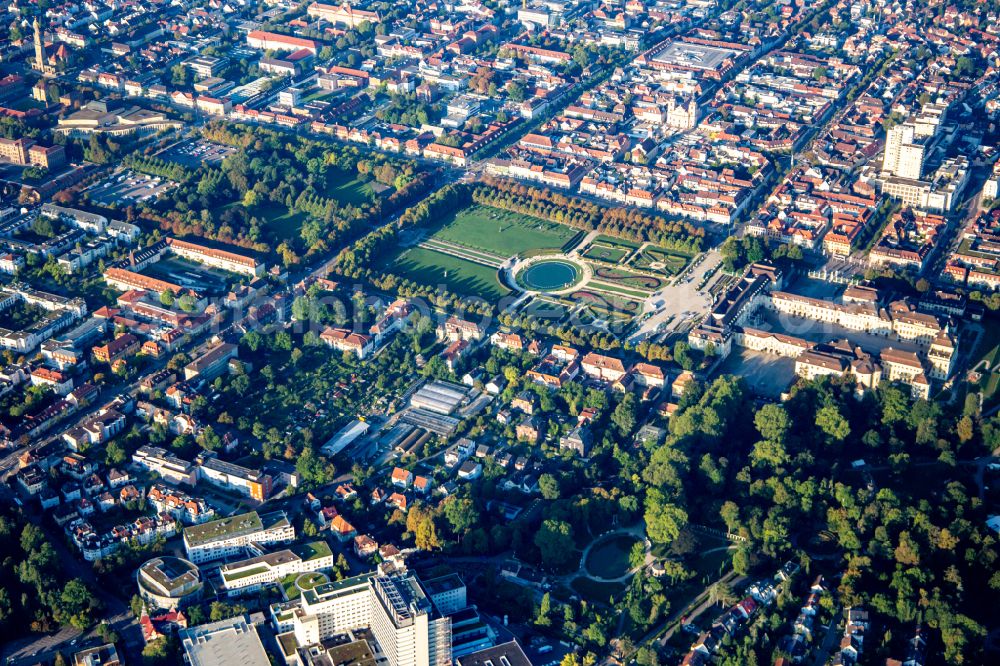 Aerial photograph Ludwigsburg - Building complex in the park of the castle Residenzschloss Ludwigsburg and Gartenschau Bluehendes Barock in Ludwigsburg in the state Baden-Wurttemberg, Germany
