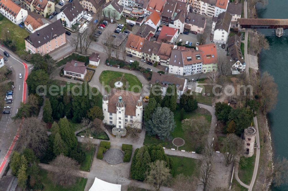 Bad Säckingen from the bird's eye view: Building complex in the park of the castle Schoenau with Thieves Tower and Orangery in Bad Saeckingen in the state Baden-Wuerttemberg, Germany
