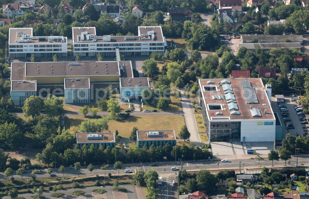Erfurt from the bird's eye view: Complex of buildings with satellite dishes on the transmitter broadcasting center MDR Thueringen Landesfunkhaus Erfurt on street Gothaer Strasse in the district Hochheim in Erfurt in the state Thuringia, Germany