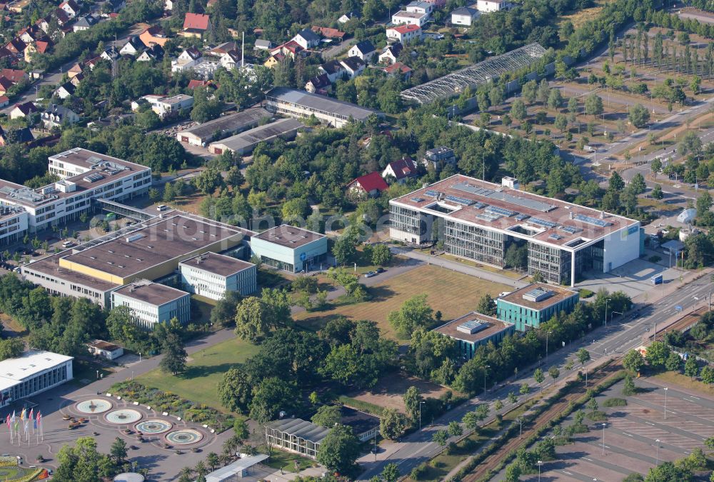 Aerial image Erfurt - Complex of buildings with satellite dishes on the transmitter broadcasting center MDR Thueringen Landesfunkhaus Erfurt on street Gothaer Strasse in the district Hochheim in Erfurt in the state Thuringia, Germany