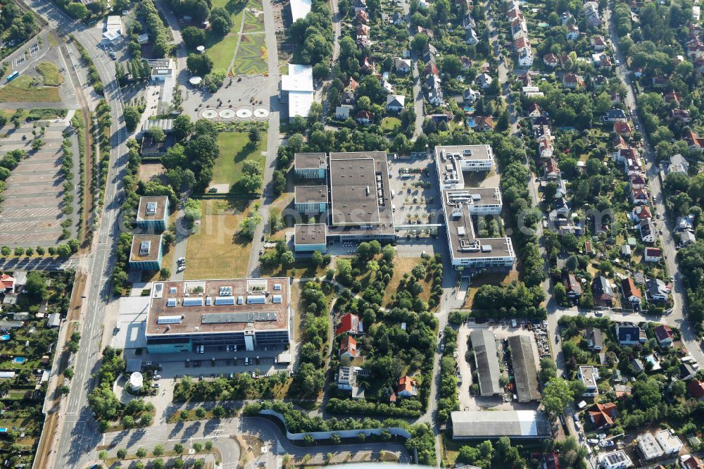 Aerial image Erfurt - Complex of buildings with satellite dishes on the transmitter broadcasting center MDR Thueringen Landesfunkhaus Erfurt on street Gothaer Strasse in the district Hochheim in Erfurt in the state Thuringia, Germany