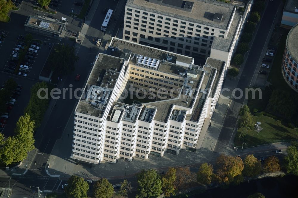 Aerial image Berlin - Building complex of Shell House and Maritim Hotel Berlin on Landwehr Canal in the Tiergarten part of Berlin in Germany. The shell house is the building with the wave-like front, the hotel complex is located behind it