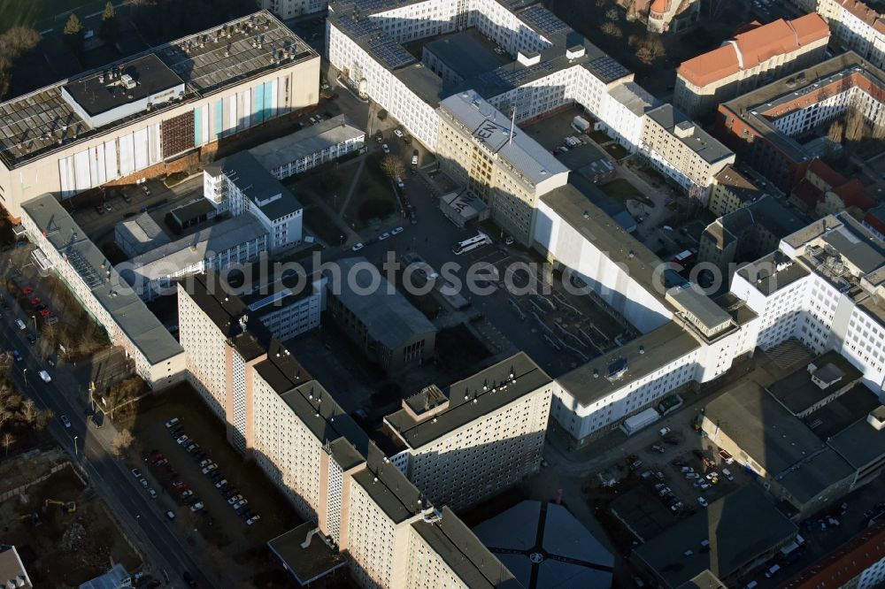 Berlin from the bird's eye view: Building complex of the Memorial of the former Stasi Ministry for State Security of the GDR in the Ruschestrasse in Berlin Lichtenberg