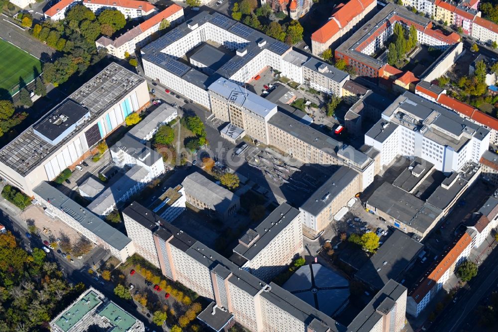 Berlin from above - Building complex of the Memorial of the former Stasi Ministry for State Security of the GDR in the Ruschestrasse in Berlin Lichtenberg