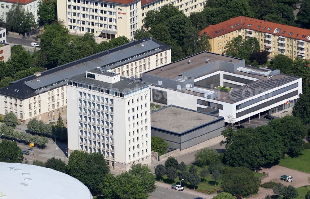 Aerial image Erfurt - Building complex of the Thuringian state parliament, the seat of the state parliament in Erfurt in the federal state Thuringia, Germany