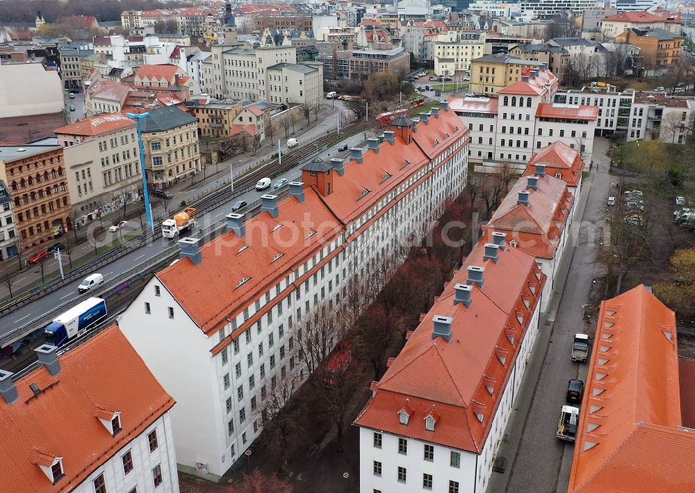 Halle (Saale) from above - Building complex of the education and training center Franckesche Stiftungen zu Halle on Franckeplatz in Halle (Saale) in the state Saxony-Anhalt, Germany