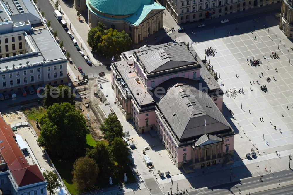Berlin from the bird's eye view: Building of the Staatsoper Unter den Linden in Berlin at Bebelplatz by architect HG Merz. It is the oldest opera house and theater building in Berlin