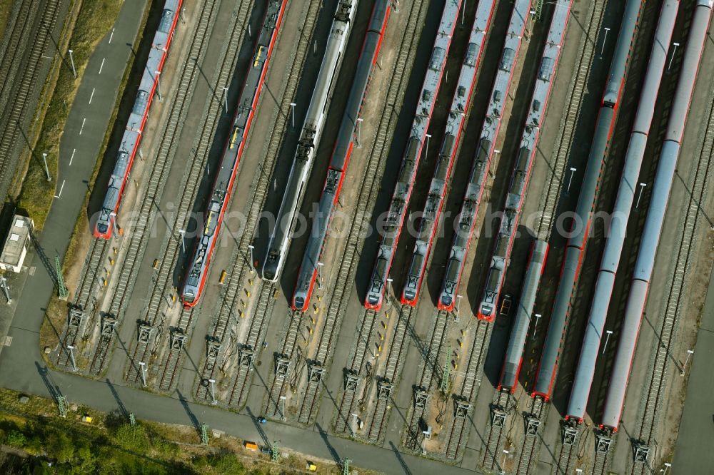 Rostock from above - S-Bahn railway station and sidings of Deutschen Bahn in Rostock in the state Mecklenburg - Western Pomerania, Germany