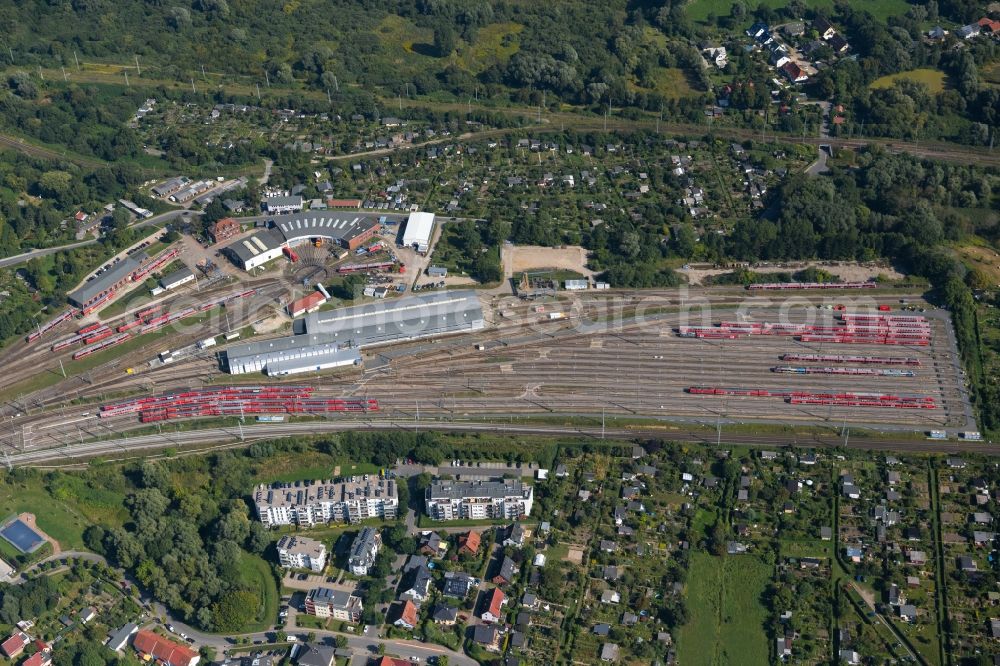 Rostock from the bird's eye view: S-Bahn railway station and sidings of Deutschen Bahn in Rostock in the state Mecklenburg - Western Pomerania, Germany