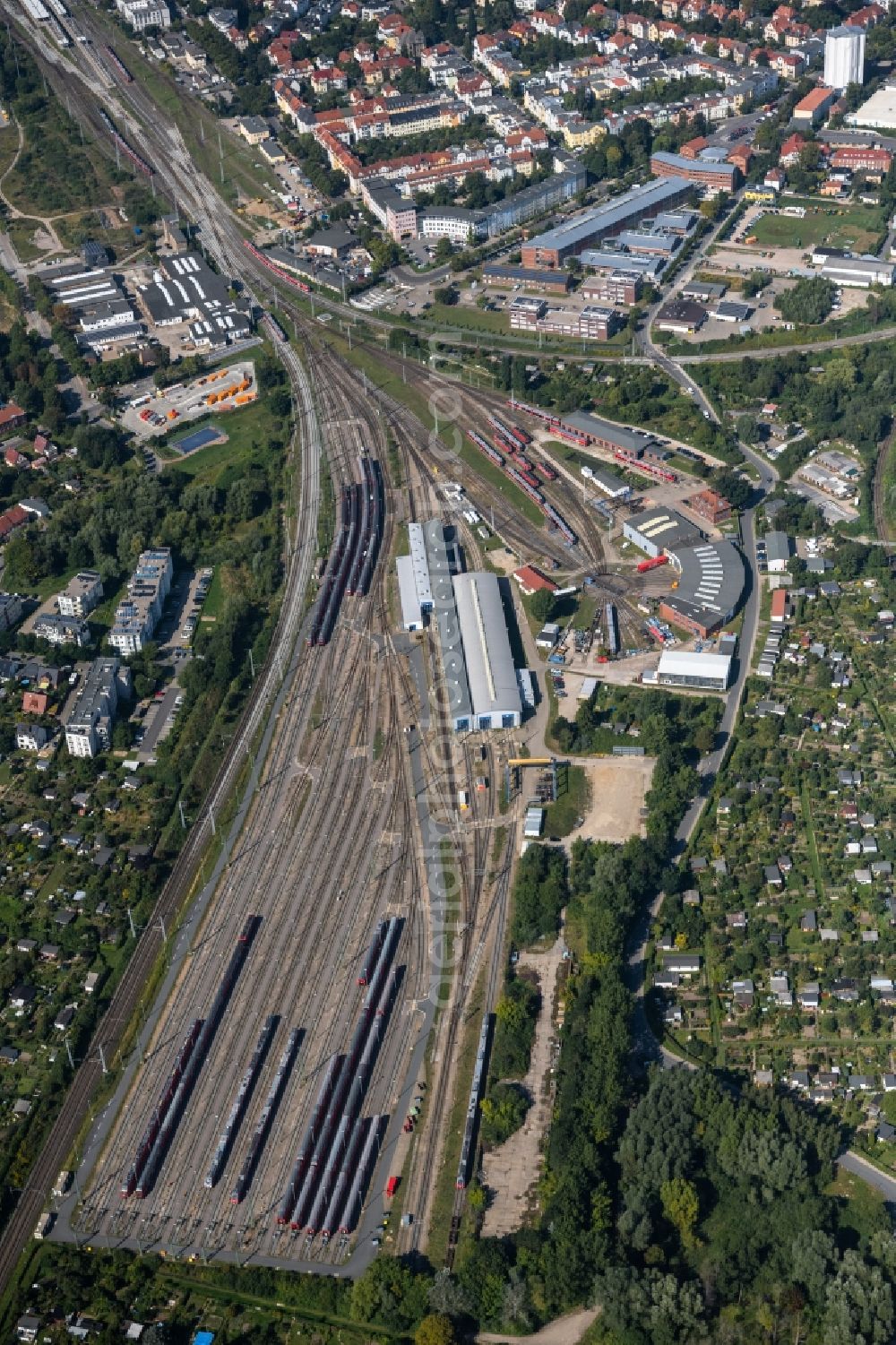 Rostock from the bird's eye view: S-Bahn railway station and sidings of Deutschen Bahn in Rostock in the state Mecklenburg - Western Pomerania, Germany