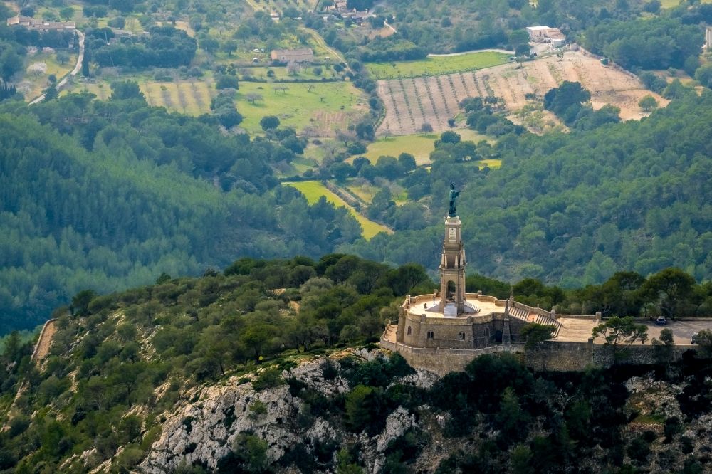 Aerial photograph Felanitx - Building as a symbol of Christian faith and religion Santuari de Sant Salvador in Felanitx in Balearic island Mallorca, Spain