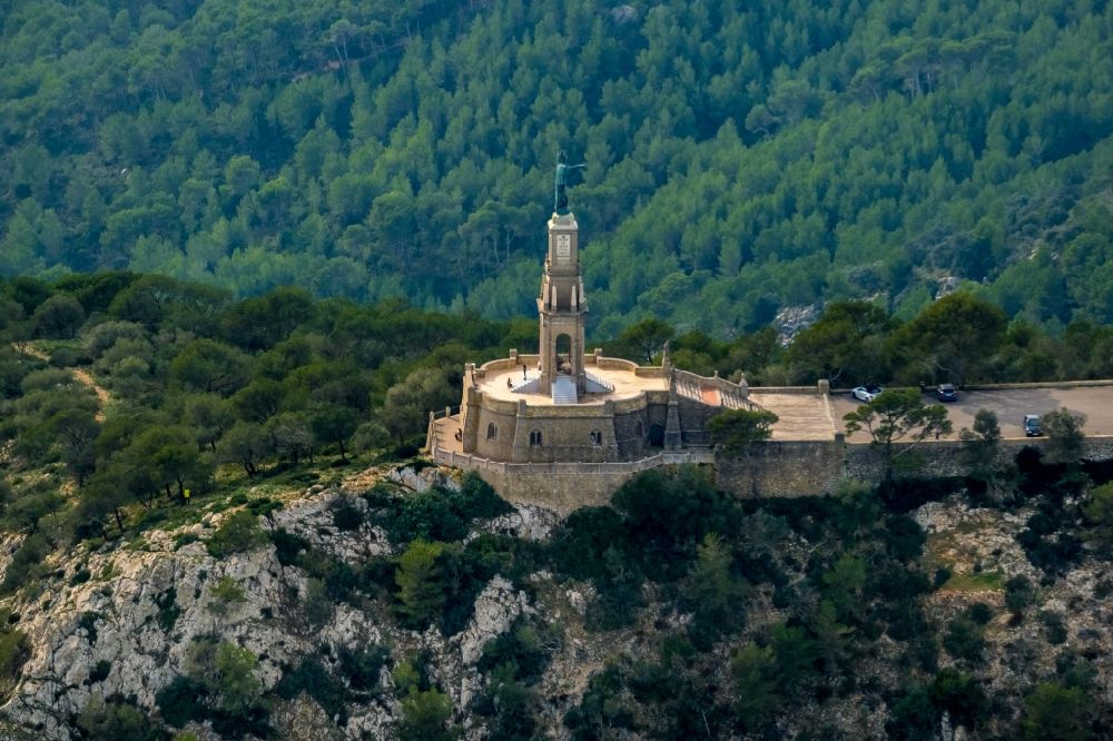 Aerial image Felanitx - Building as a symbol of Christian faith and religion Santuari de Sant Salvador in Felanitx in Balearic island Mallorca, Spain