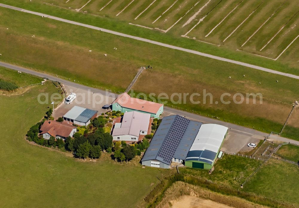 Nordstrand from the bird's eye view: Homestead and farm outbuildings on the edge of agricultural fields with Hofladen on street Pohnshalligkoogstrasse in Nordstrand North Friesland in the state Schleswig-Holstein, Germany