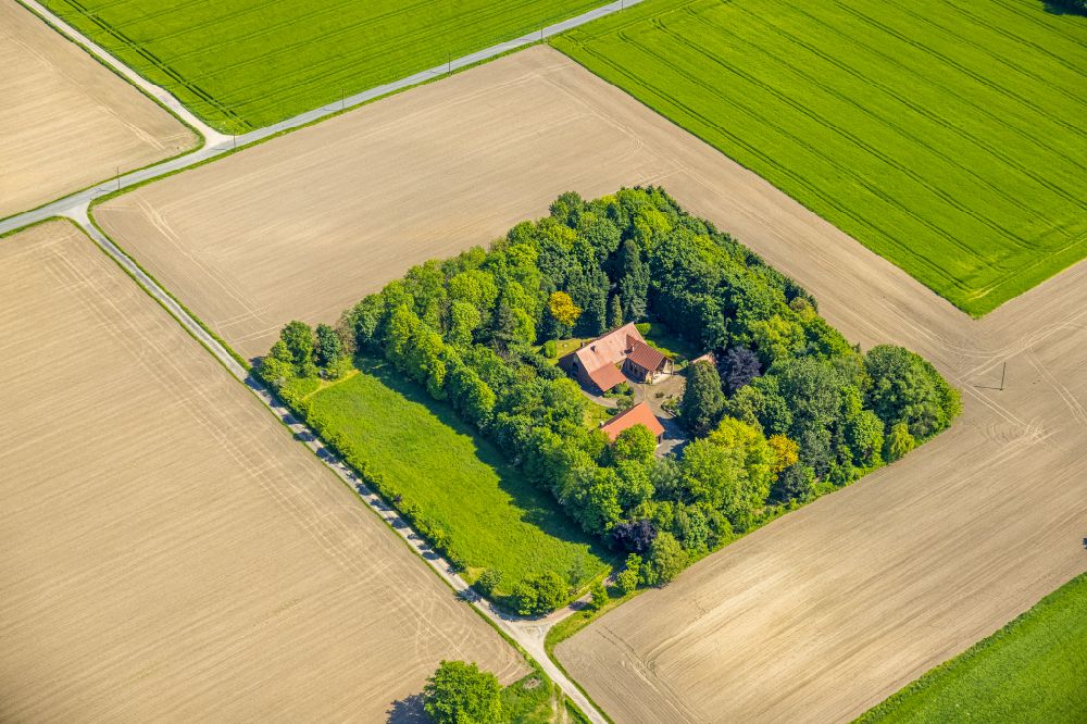Kirchhellen from the bird's eye view: Homestead and farm outbuildings on the edge of agricultural fields on street Grueteringsfeld in Kirchhellen at Ruhrgebiet in the state North Rhine-Westphalia, Germany